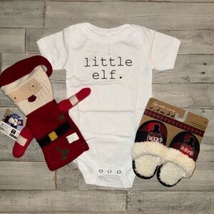 Little Elf bodysuit , Cate & Levi Santa puppet & Buffalo plaid slippers all NWT